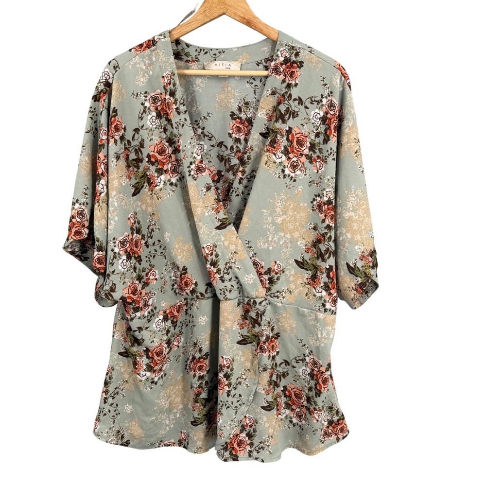 Misia Curvy Surplice Blouse Size 2X Sage Green Floral Short Sleeve‎ Faux Wrap